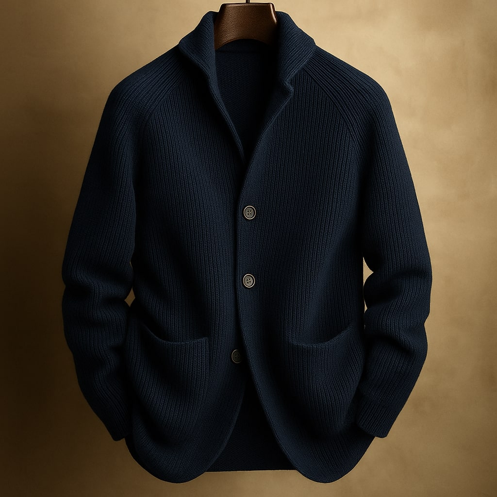 Men's knitted cardigan in dark blue, button front patch pocket ribbed