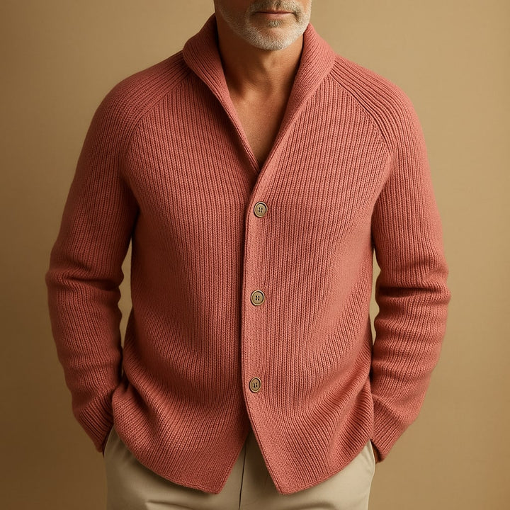 Men's knitted cardigan, button front patch pocket ribbed, view 2