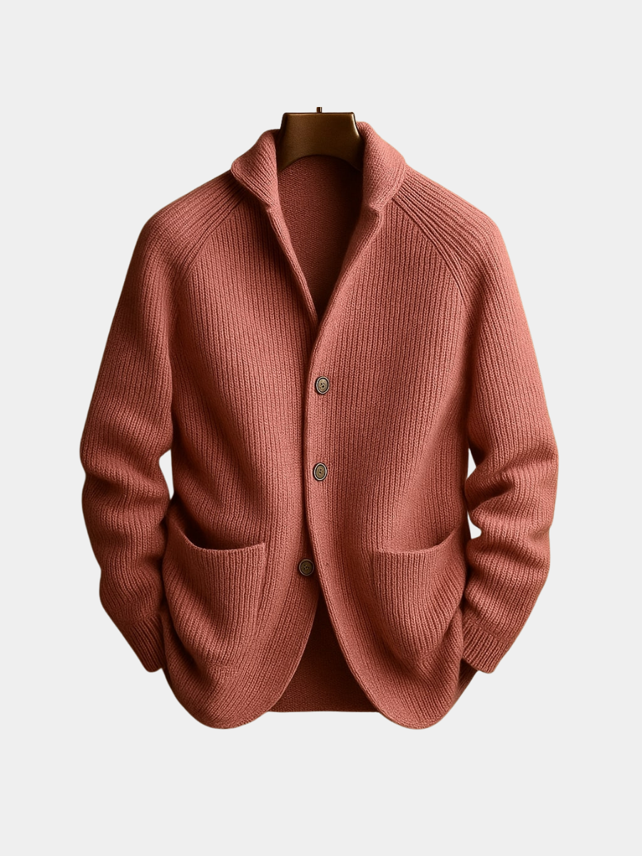 Men's knitted cardigan, button front patch pocket ribbed, view 1