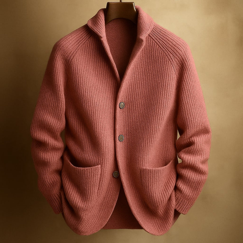 Men's knitted cardigan in pink, button front patch pocket ribbed
