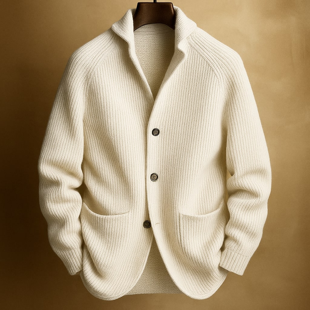 Men's knitted cardigan in white, button front patch pocket ribbed