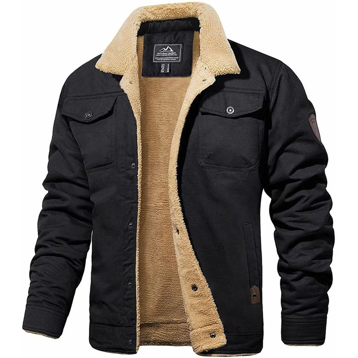Men's sherpa lined jacket in black, sherpa collar button front trucker