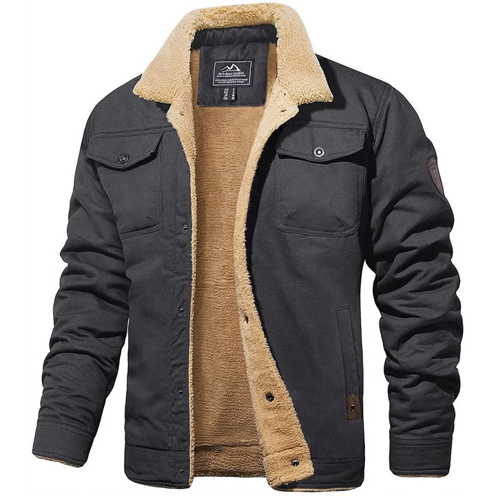Men's sherpa lined jacket in dark grey, sherpa collar button front trucker