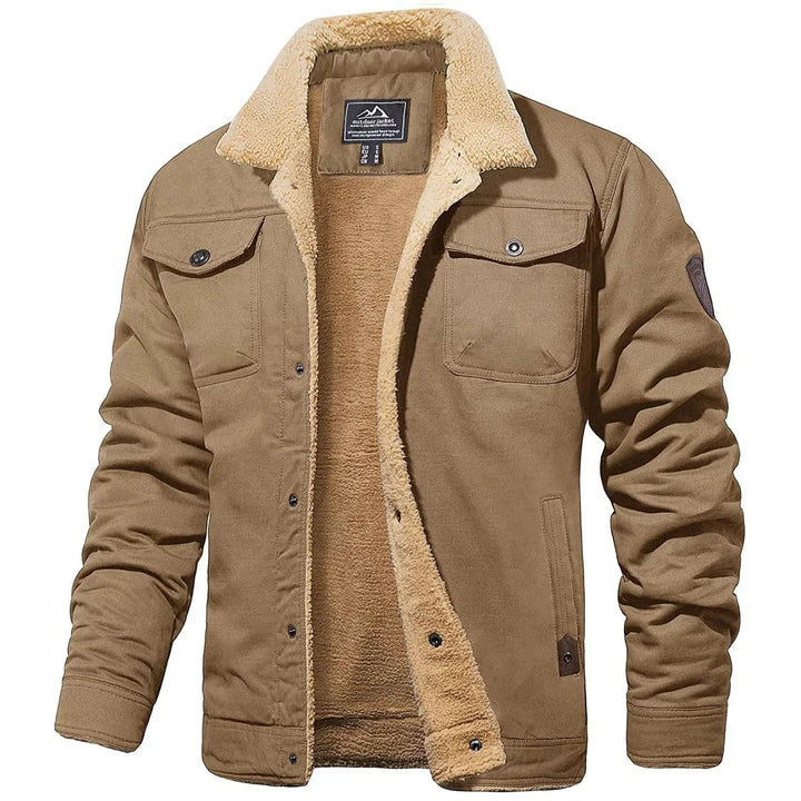 Men's sherpa lined jacket in khaki, sherpa collar button front trucker