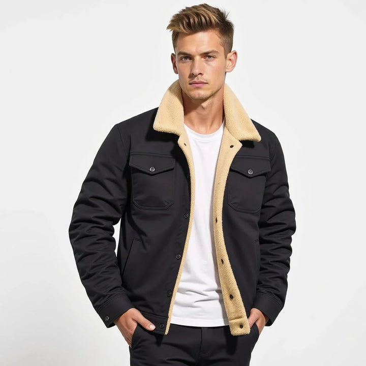 Men's sherpa lined jacket, sherpa collar button front trucker, view 2