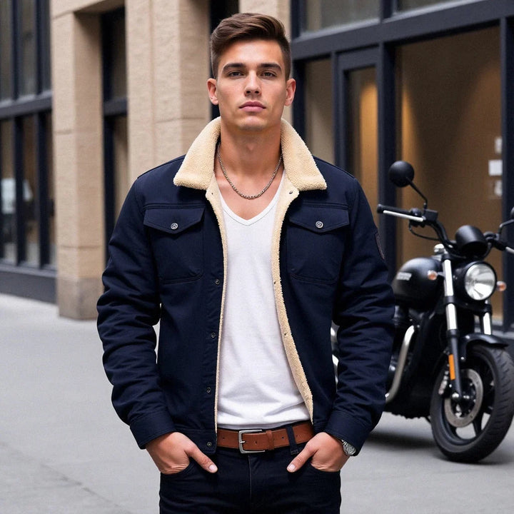 Men's sherpa lined jacket, sherpa collar button front trucker, view 3