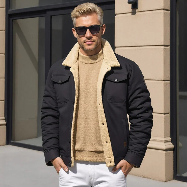 Men's sherpa lined jacket, sherpa collar button front trucker, view 4