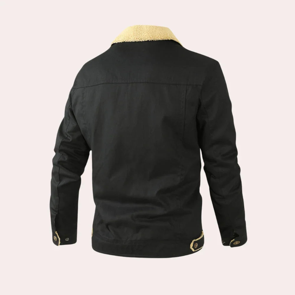 Men's sherpa lined jacket, sherpa collar button front trucker, view 1