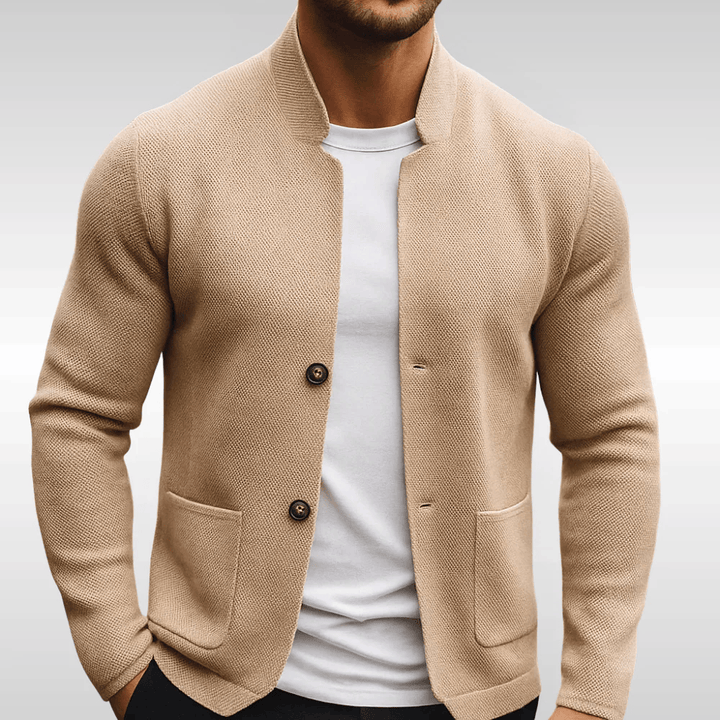 Men's knitted cardigan in beige, button front patch pocket