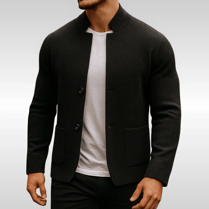 Men's knitted cardigan in black, button front patch pocket
