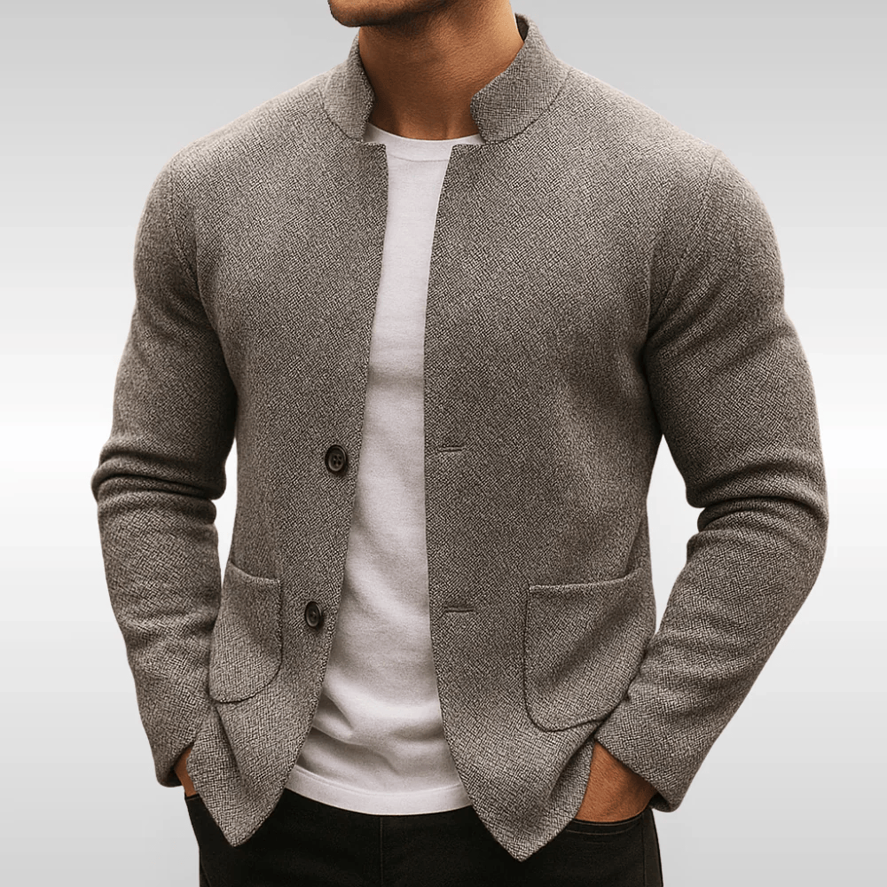 Men's knitted cardigan in grey, button front patch pocket