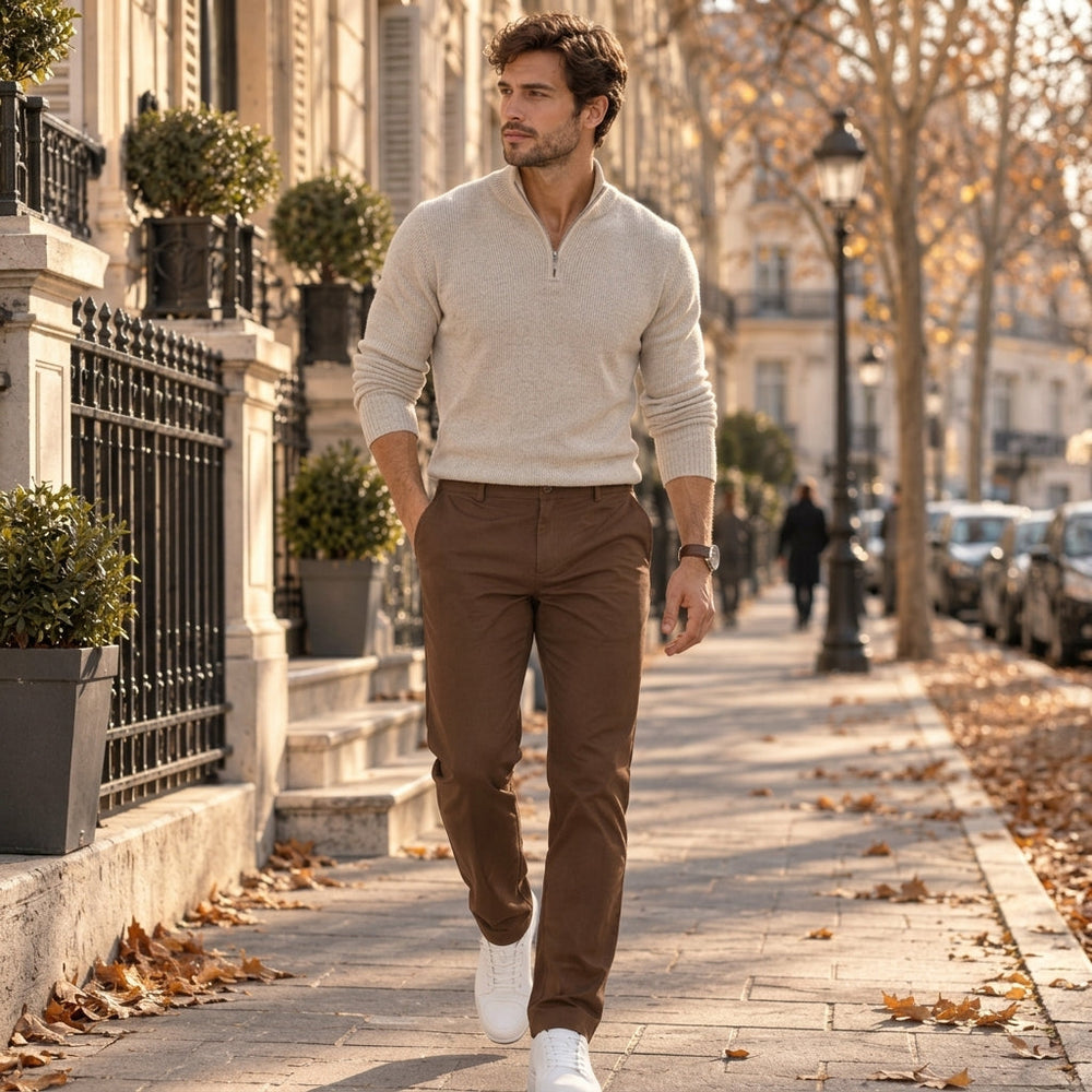 Men's straight leg trousers in brown, stretch chino golf