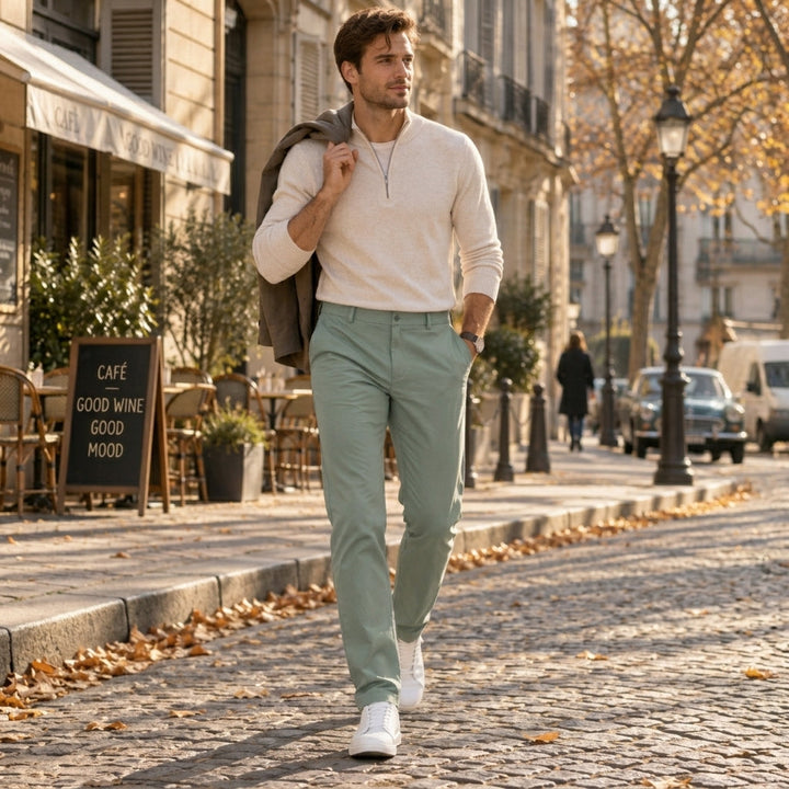 Men's straight leg trousers in green, stretch chino golf