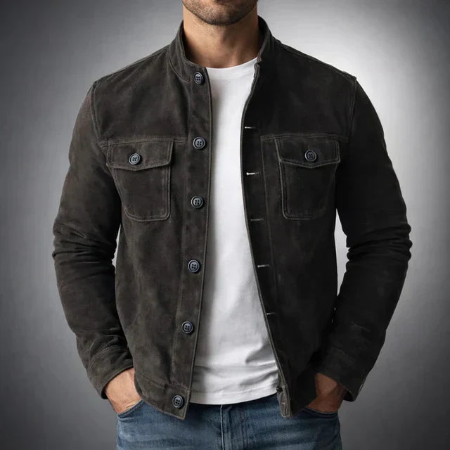 Men's suede look jacket in black, trucker chest pocket button front