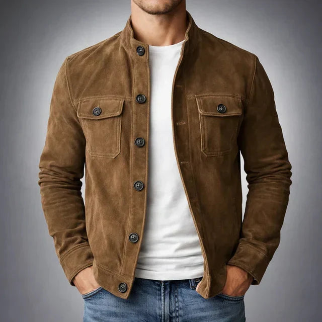 Men's suede look jacket in brown, trucker chest pocket button front