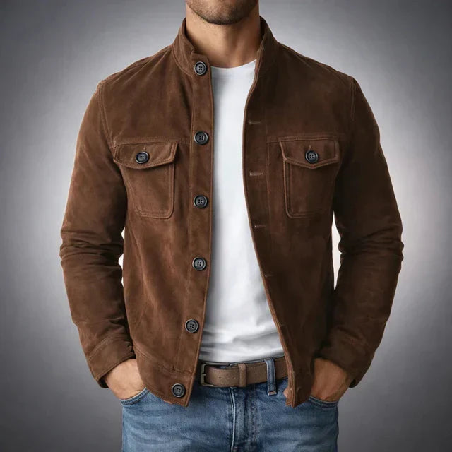 Men's suede look jacket in dark brown, trucker chest pocket button front