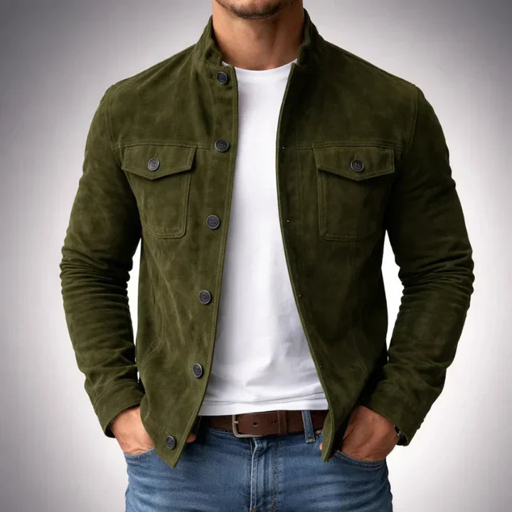 Men's suede look jacket in green, trucker chest pocket button front