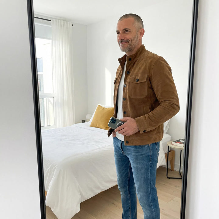 Men's suede look jacket, trucker chest pocket button front, view 4