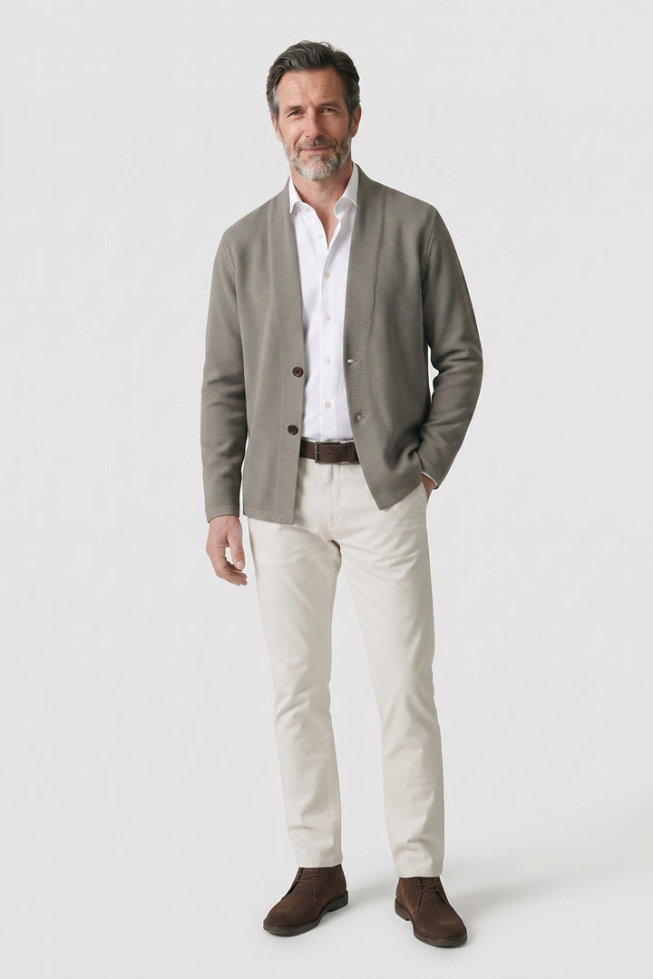 Men's Textured Cardigan | Stand Collar | on model