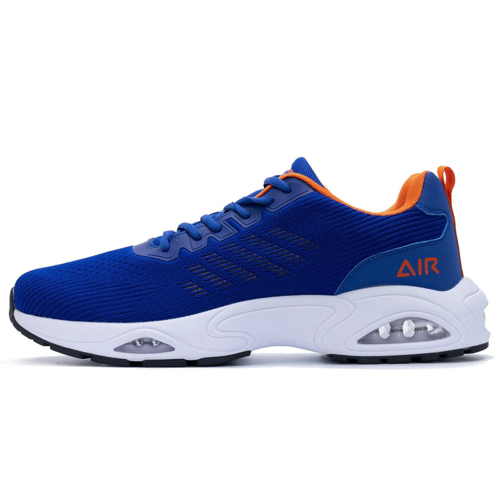 Blue Orange trainers, side view on a plain background