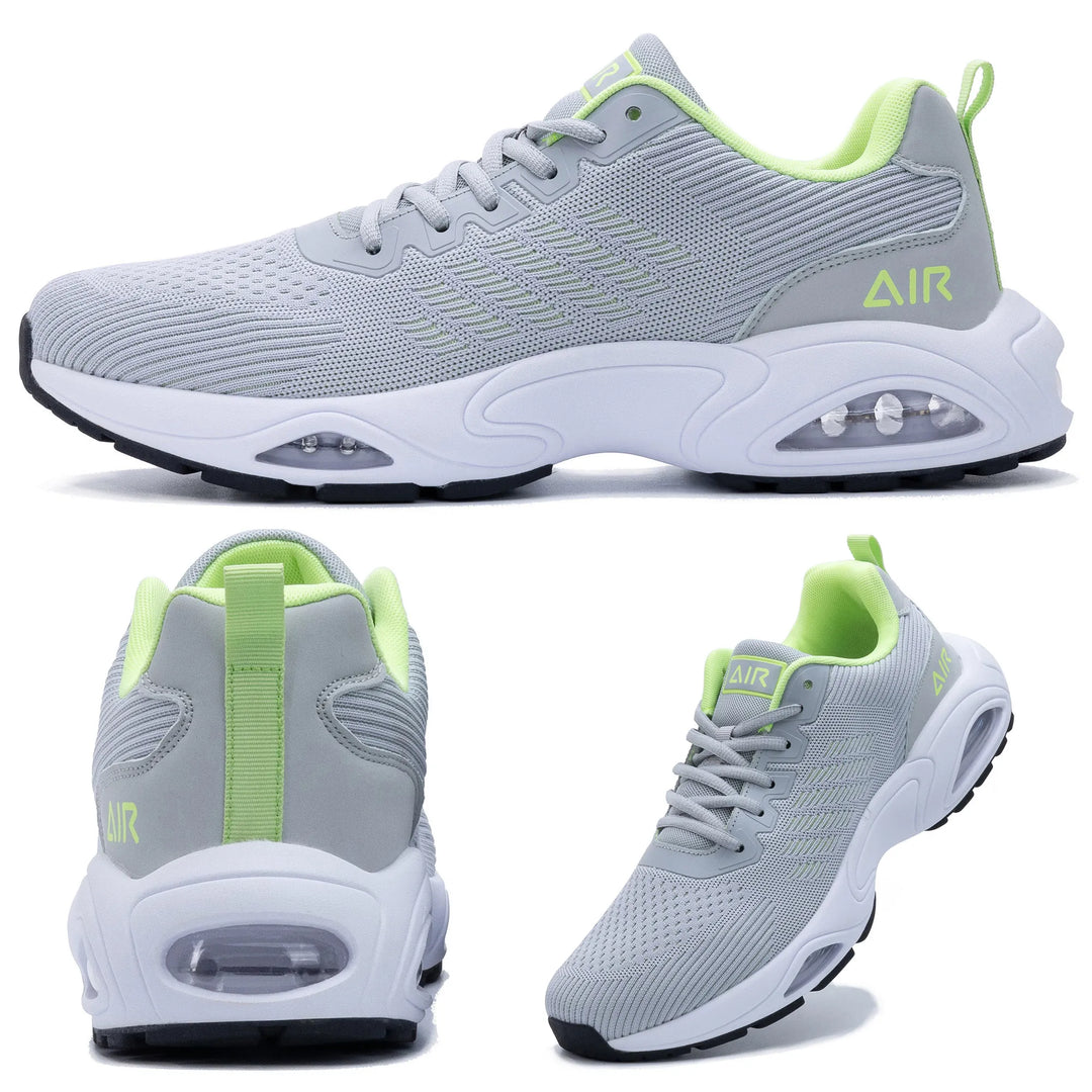 Grey Lime trainers, held up to show the inside and the sole