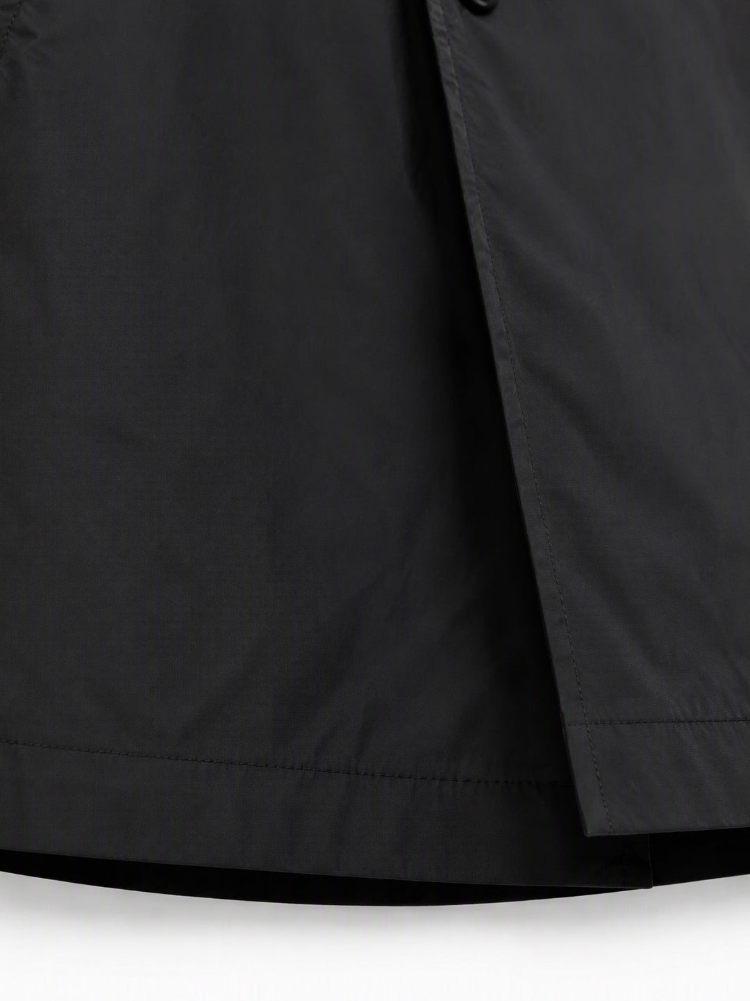 Close-up of the black coat fabric and the lower front edge