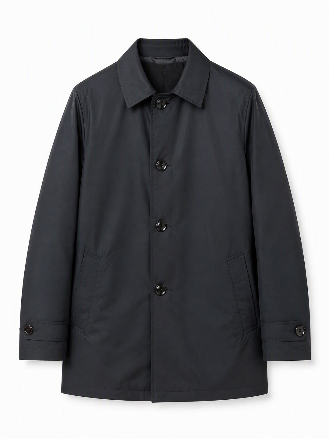 Black single breasted coat laid flat showing a point collar and four buttons