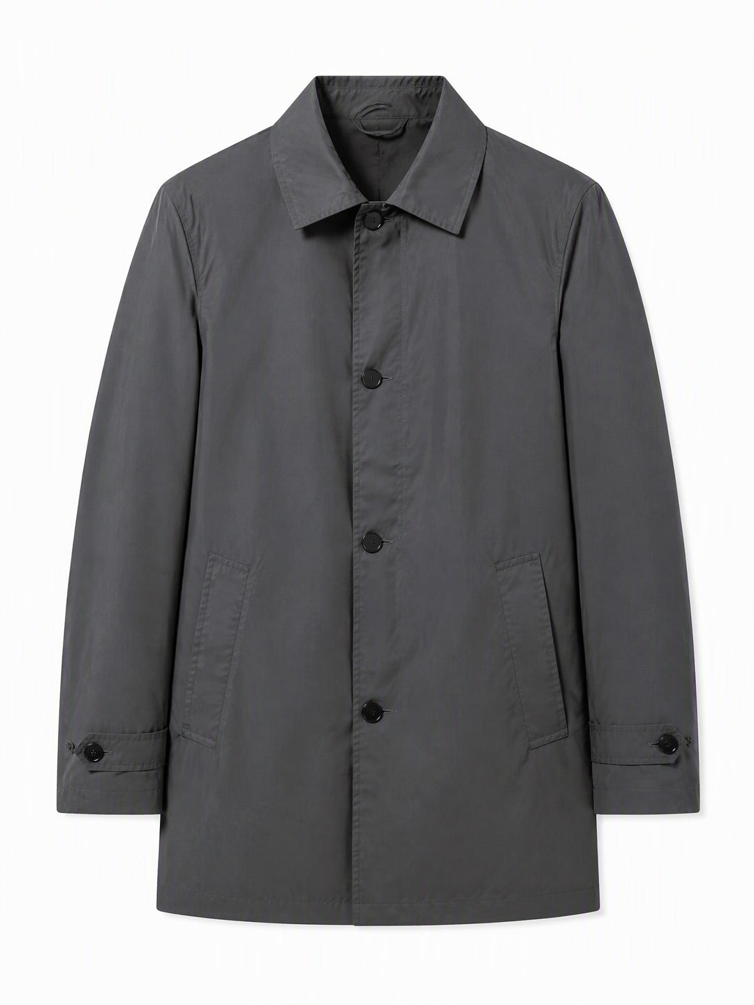 Grey single breasted coat laid flat showing a point collar and buttons