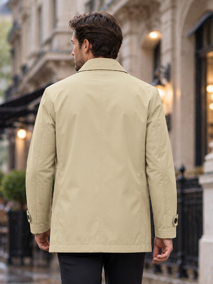 Back view of a khaki single breasted coat