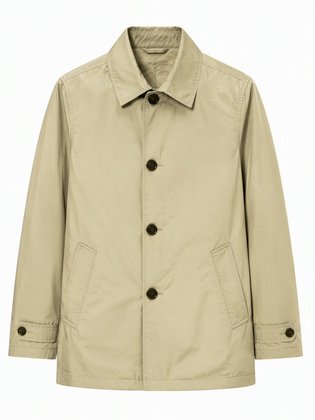 Khaki coat shown close up with four buttons along the front