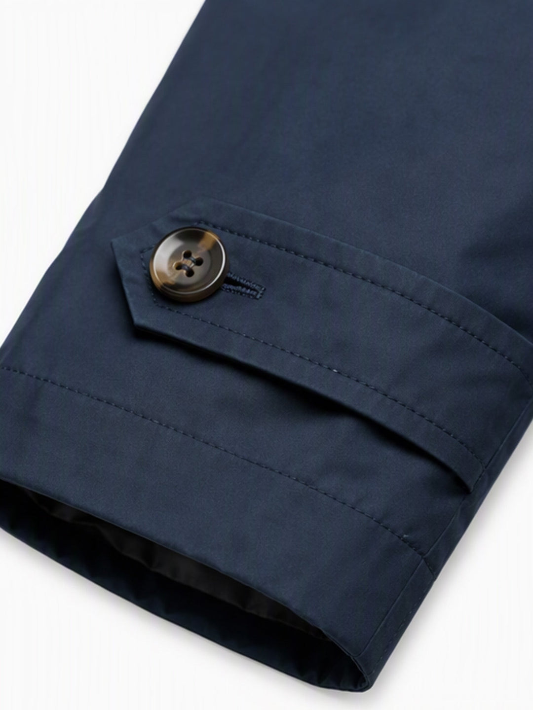 Close-up of a navy coat sleeve with a button cuff tab