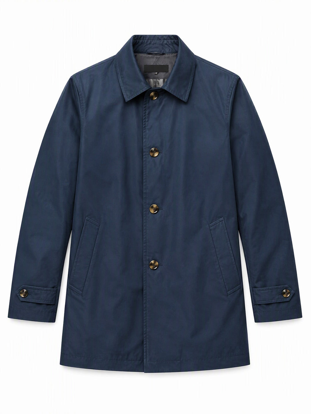 Navy single breasted coat laid flat showing four buttons and flap pockets