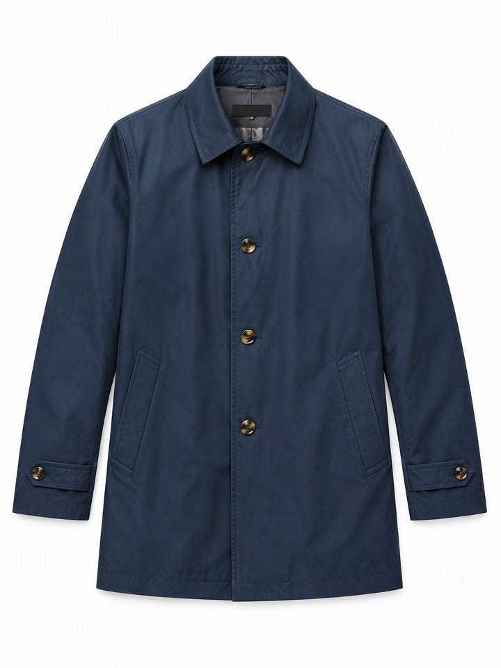 Navy single breasted coat laid flat showing four buttons and flap pockets
