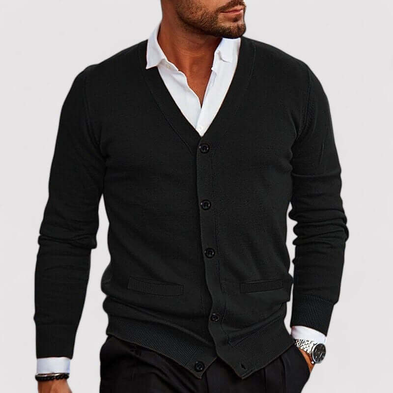 Men's v neck cardigan in black, button front fine knit knitted