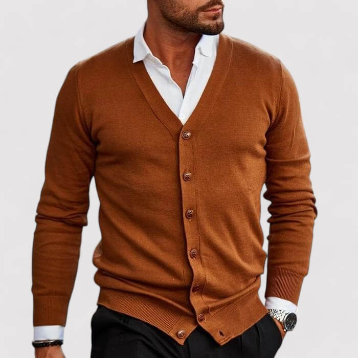 Men's v neck cardigan in dark brown, button front fine knit knitted