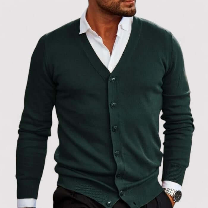 Men's v neck cardigan in dark green, button front fine knit knitted