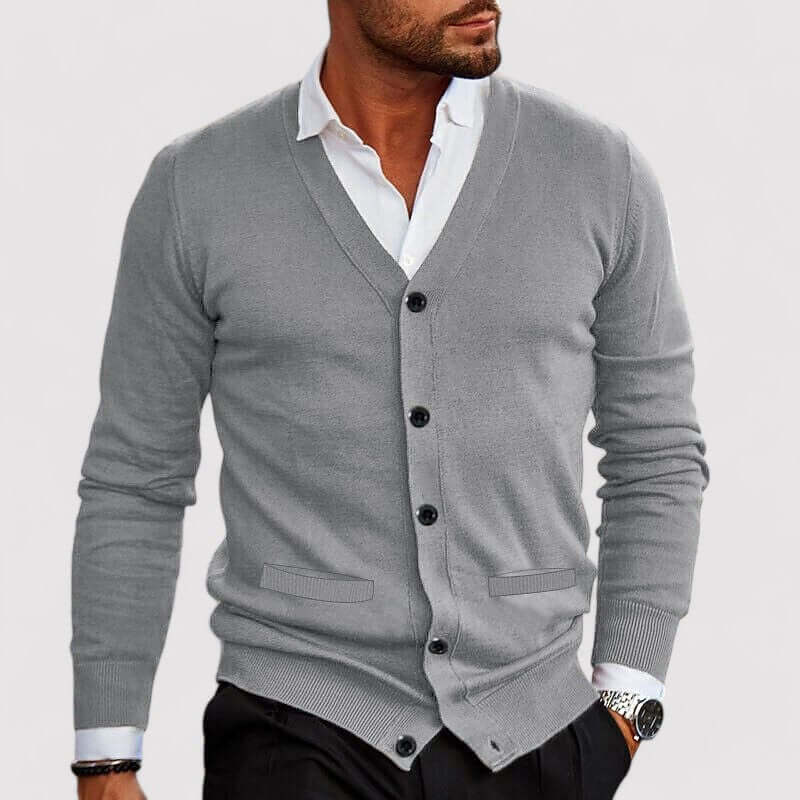Men's v neck cardigan in grey, button front fine knit knitted