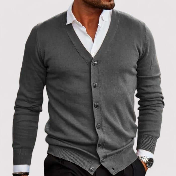 Men's v neck cardigan, button front fine knit knitted, view 2
