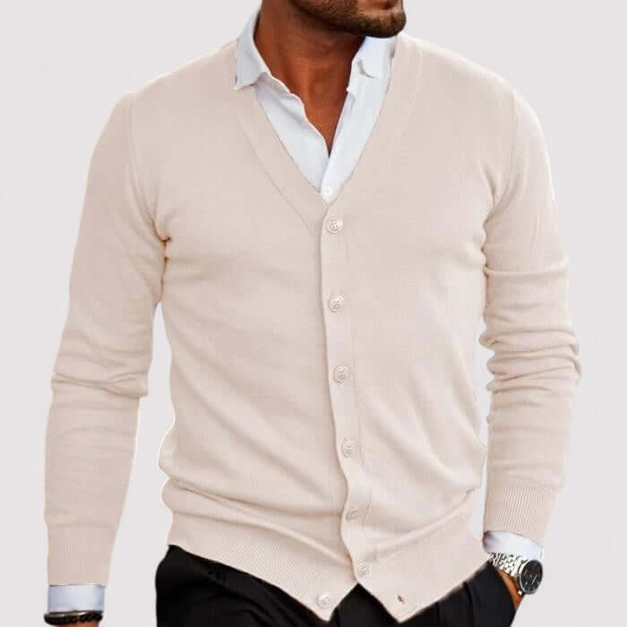 Men's v neck cardigan, button front fine knit knitted, view 1