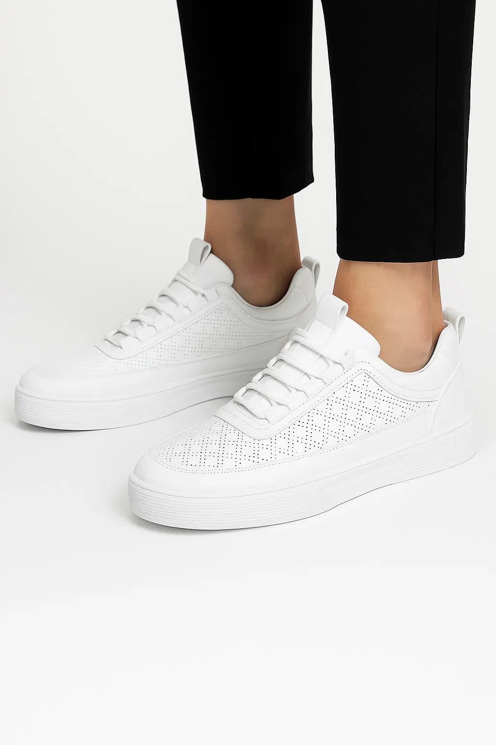Men's white trainers, perforated lace up low top, view 2