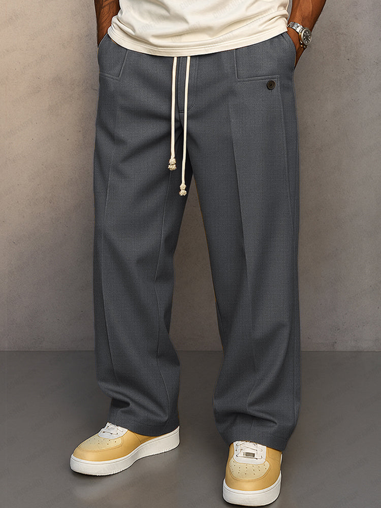 Men's wide leg trousers in grey, drawstring pleated straight leg