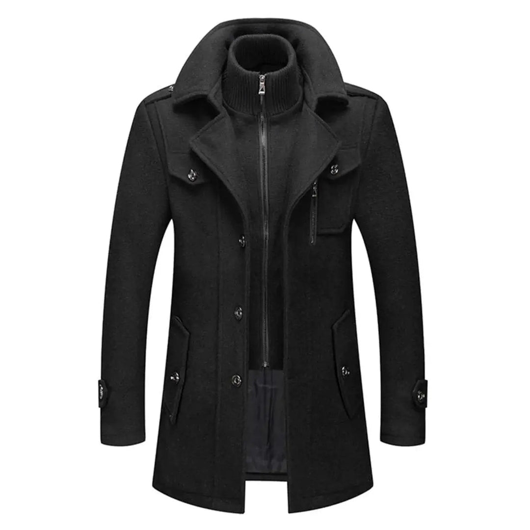 Men's winter coat in black, double collar knit insert single breasted overcoat