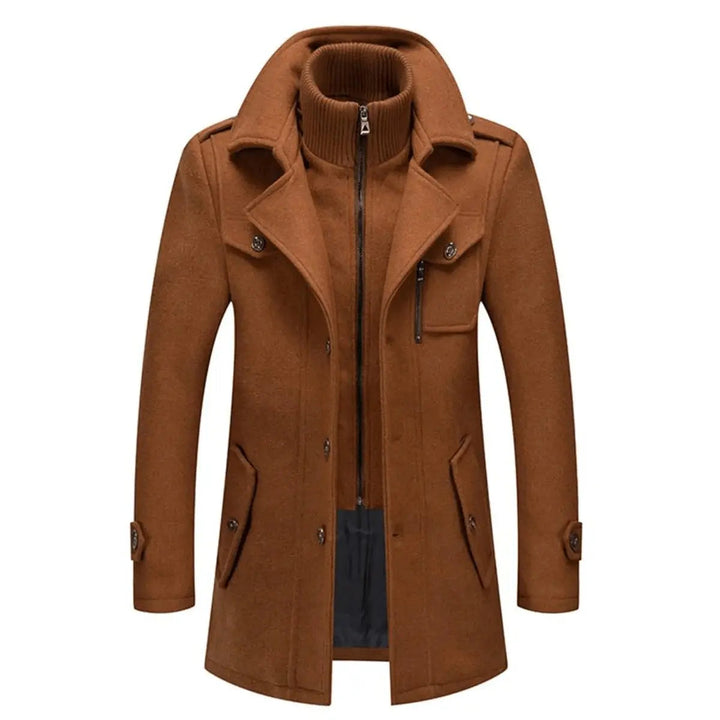 Brown overcoat with notch lapels and button flap pockets