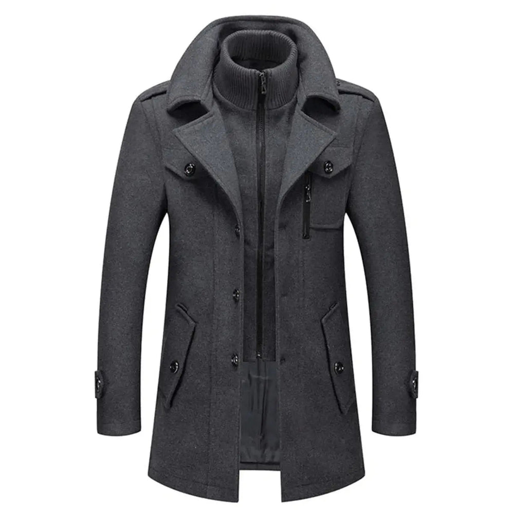Grey overcoat with ribbed collar insert zipped to the neck