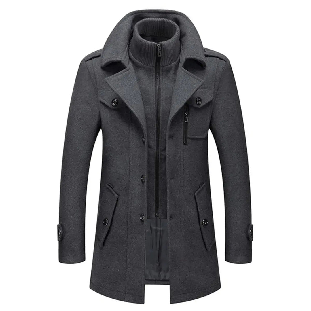 Grey overcoat with ribbed collar insert zipped to the neck
