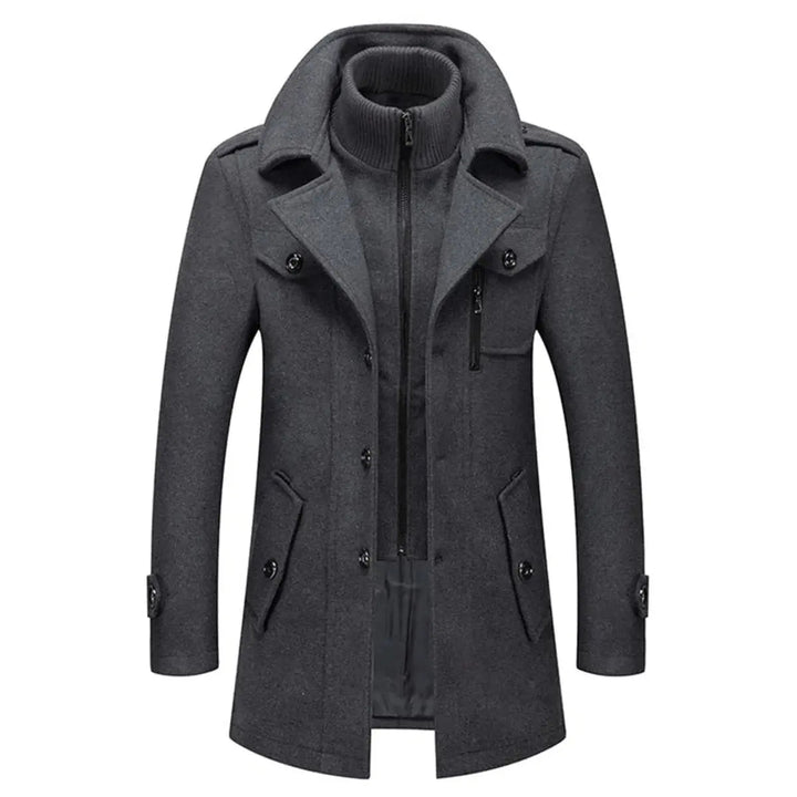 Grey overcoat with ribbed collar insert zipped to the neck