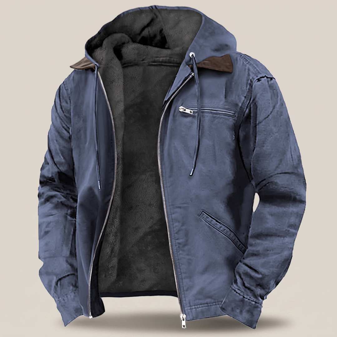 Navy hooded jacket with a fleece lining and zipped pockets