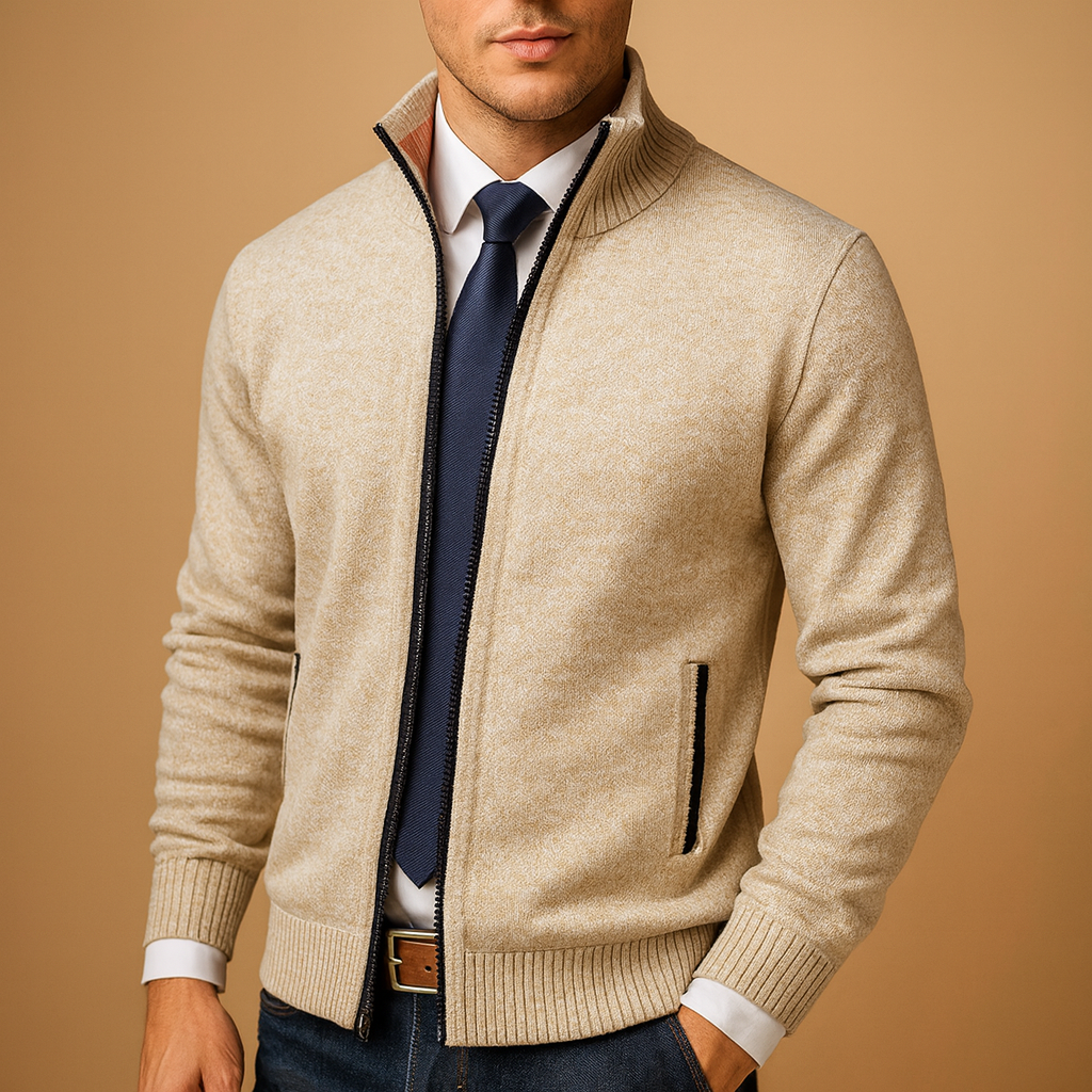 Men's zip cardigan in beige, stand collar zip through knitted