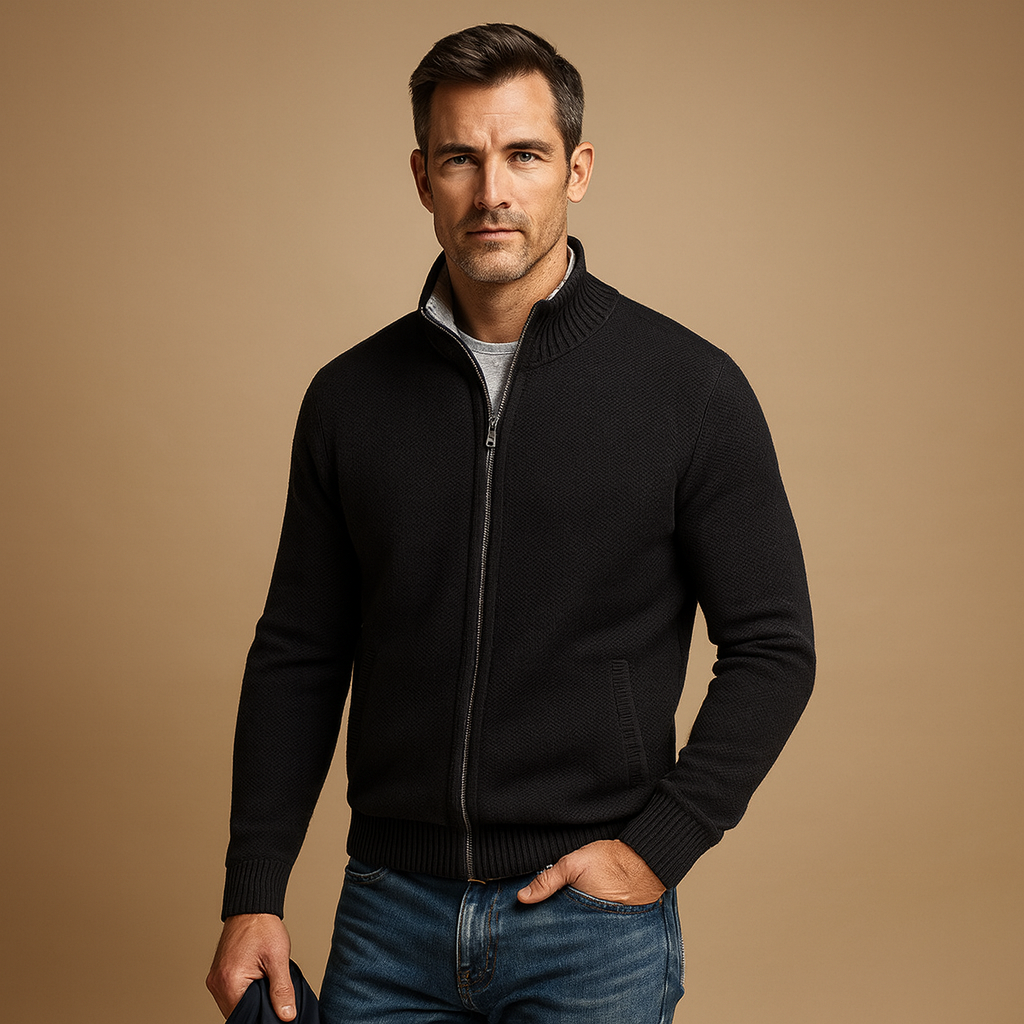 Men's zip cardigan in black, stand collar zip through knitted