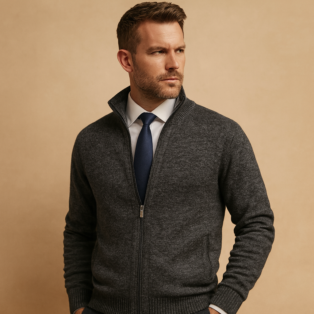 Men's zip cardigan in dark grey, stand collar zip through knitted